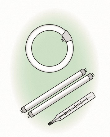 回収対象となるもの（環型・直管型等の蛍光管、水銀を使用した温度計）のイラスト