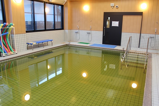 長方形で、右の角に手すりと階段が付いたプールに薄い黄緑色の水が張っているクアオルト浴室の写真